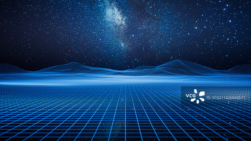 星空背景与数字科技网格地面3D渲染图片素材