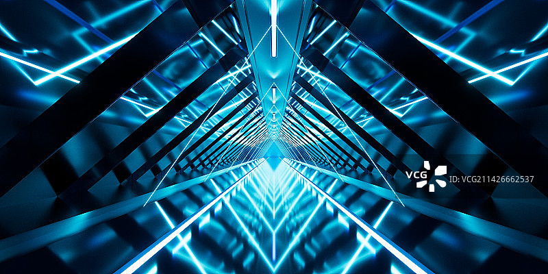 霓虹发光线条与隧道空间3D渲染图片素材