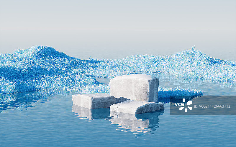 草地与水面上的展示台3D渲染图片素材