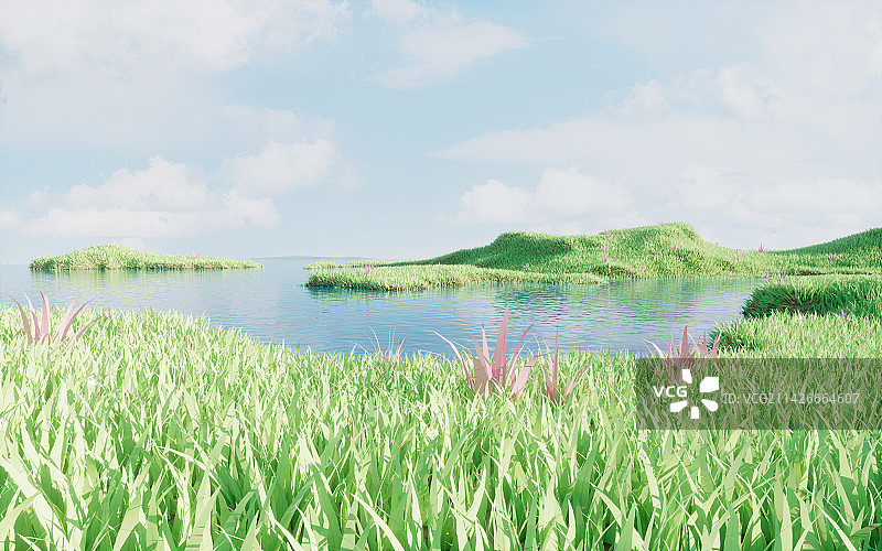 茂盛的草地与湖泊3D渲染图片素材