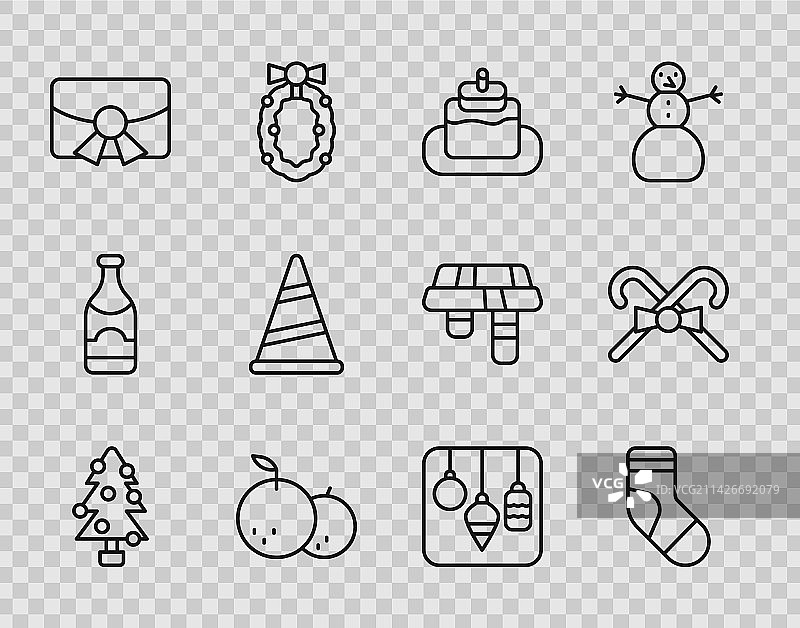 圣诞树、长袜、蛋糕和橘子等元素组合图片素材