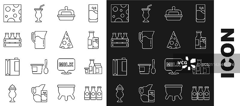 牛奶瓶、牛奶制品、玻璃杯等线性组合图片素材