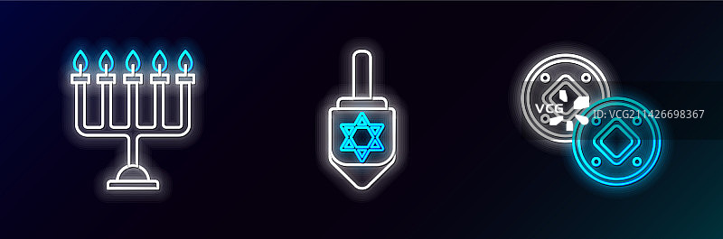 犹太硬币光明节烛台和陀螺线性图标图片素材