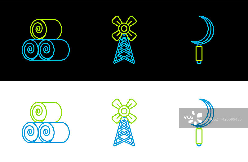 农具套装：镰刀、干草卷、风车标志图片素材