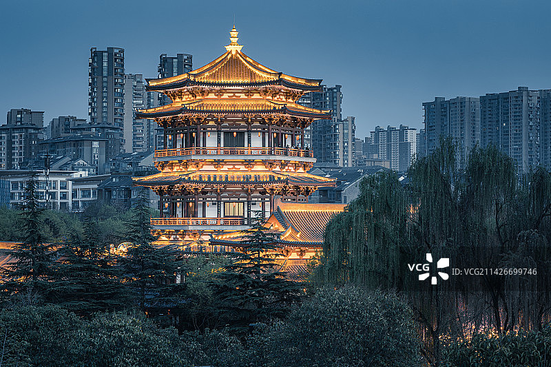 西安大唐芙蓉园古建筑城市风光夜景图片素材
