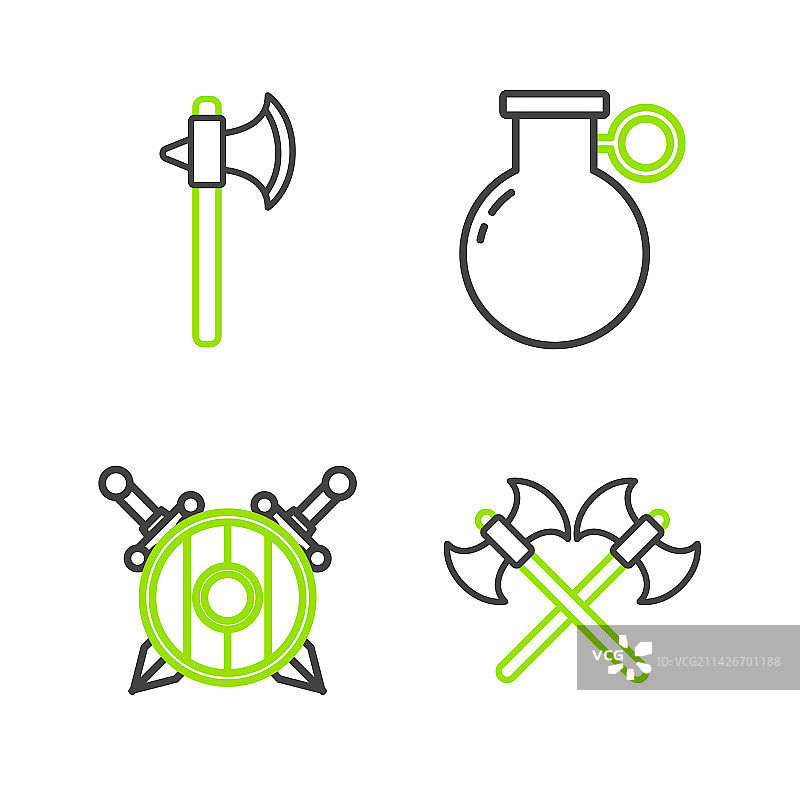 中世纪斧头和木制盾牌组成的线条图案图片素材