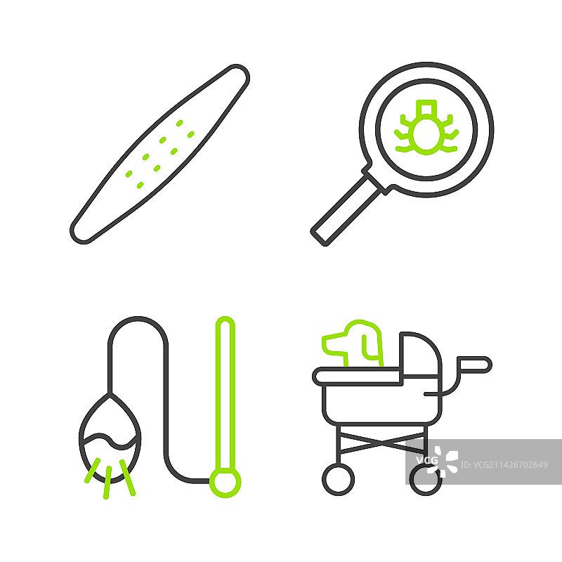 宠物系列线条图标：宠物推车、猫玩具、跳蚤搜索图片素材