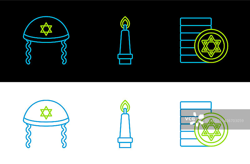 线条、犹太硬币、基帕和燃烧的蜡烛图片素材