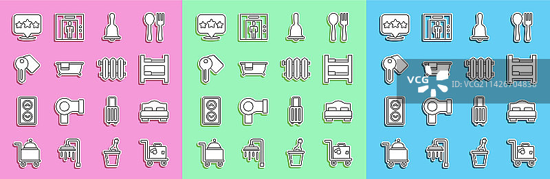 线条行李箱、酒店房间、床、服务铃组合图片素材