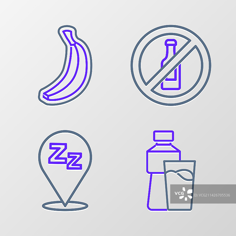水瓶、玻璃杯和禁止睡觉标志线条组合图片素材