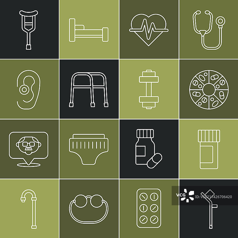 药瓶和拐杖线条图标图片素材