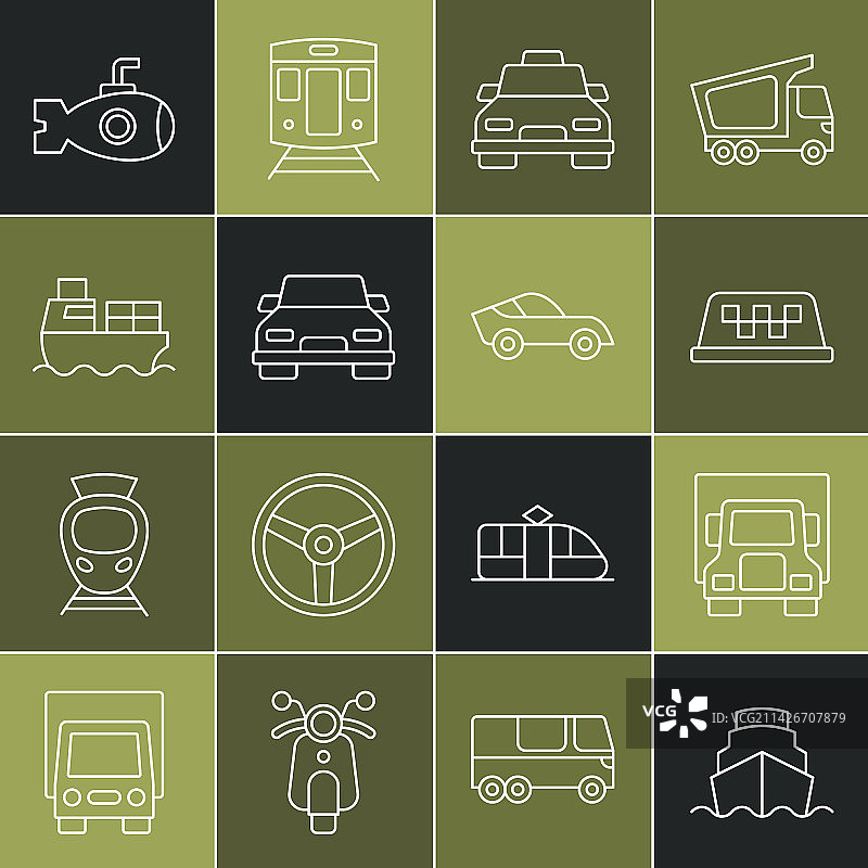 邮轮、货运卡车、出租车线条组合图片素材