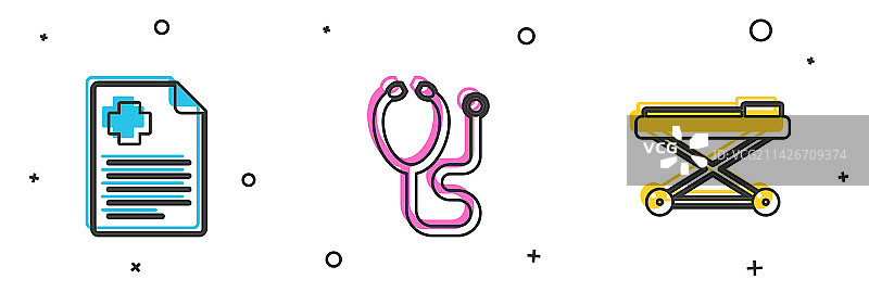 患者记录听诊器和担架图标合集图片素材