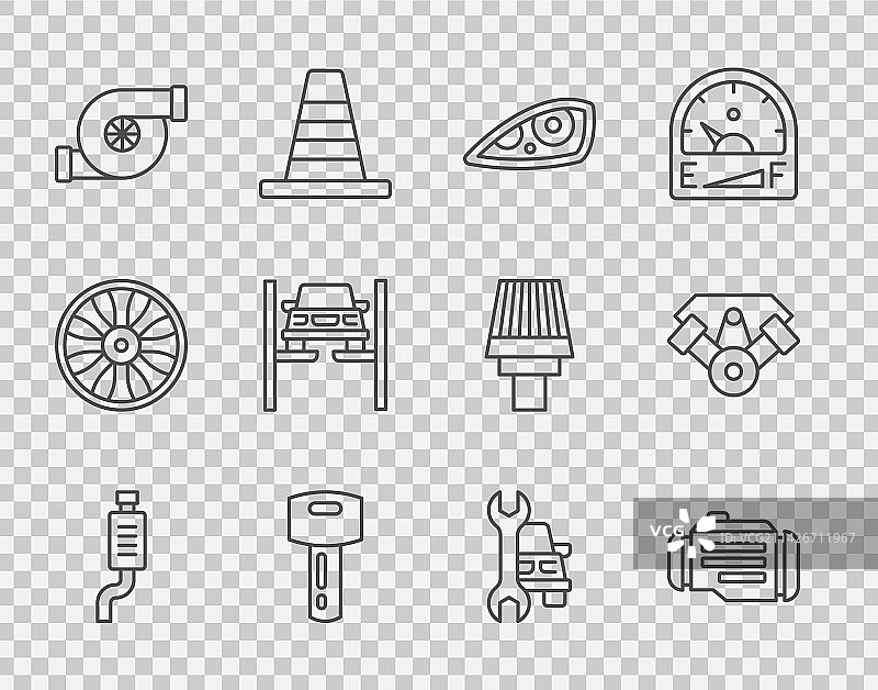 汽车消声器发动机大灯钥匙线性组合图片素材