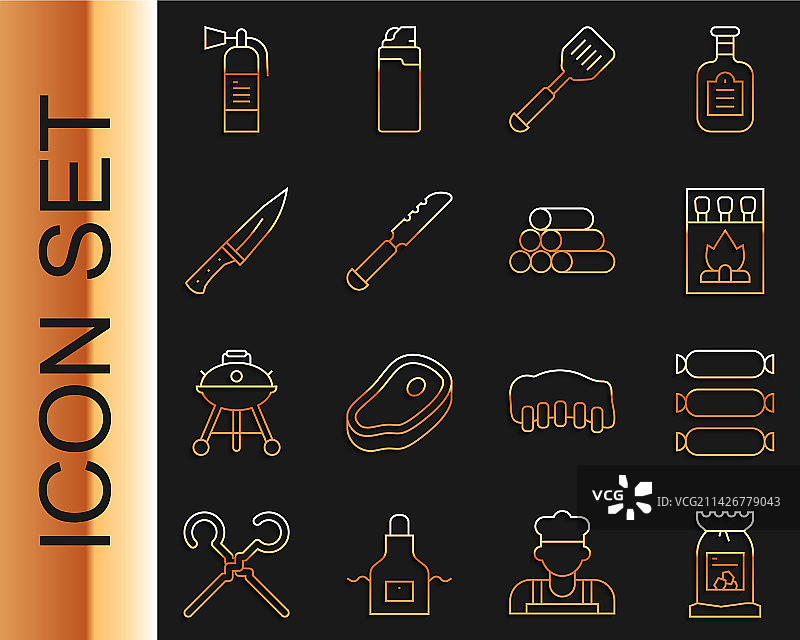 烧烤煤袋、香肠和火柴盒套装图片素材