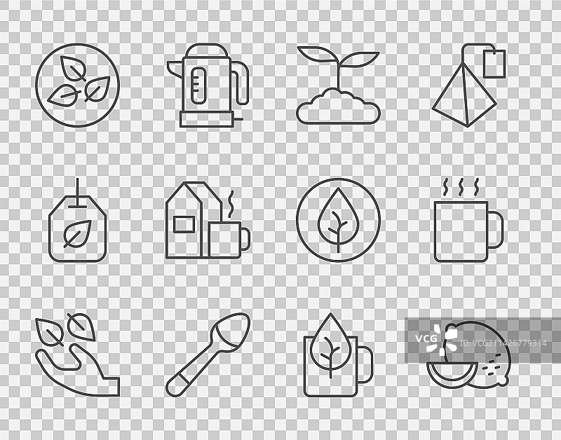 手持茶叶、柠檬、茶匙与茶杯线条组合图片素材