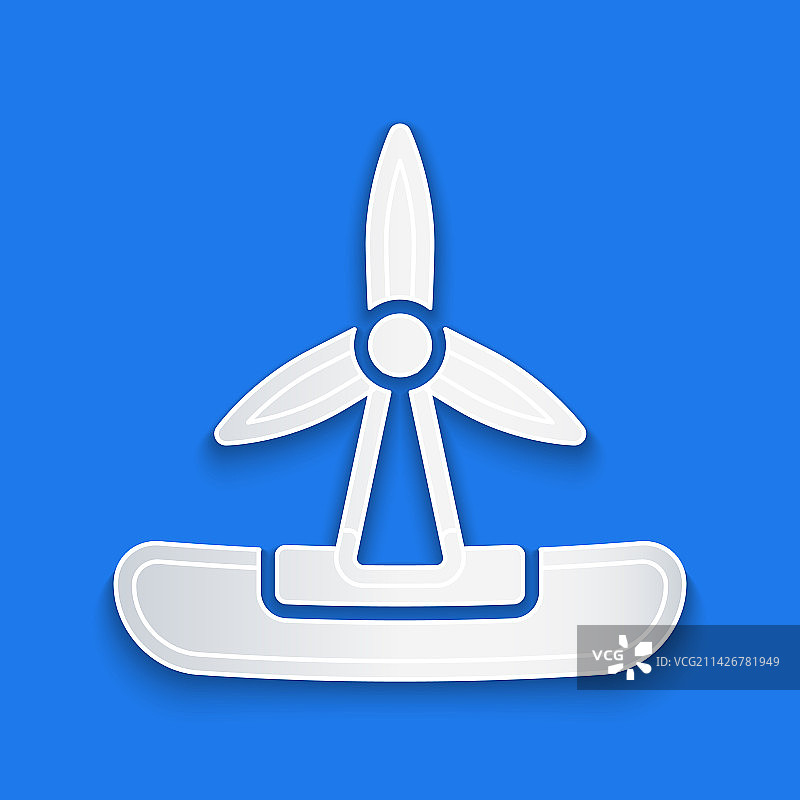 蓝色背景上的剪纸风力涡轮机图标图片素材