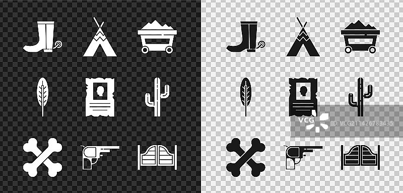 套餐：牛仔靴、印第安圆锥帐篷和煤图片素材