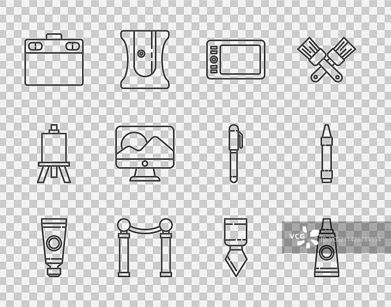 颜料调色板和绘图板套装线条设计图片素材