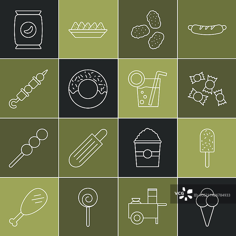 华夫饼冰淇淋、糖果、鸡肉组合图片素材