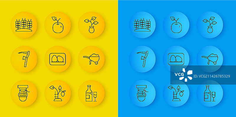 线条设置：水井、水桶、镰刀、鸡和鸡蛋图片素材