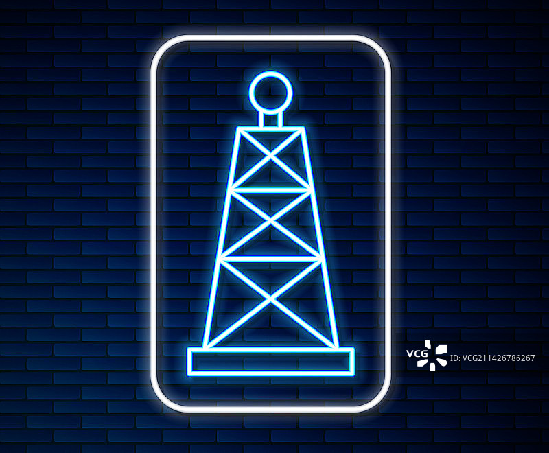 砖墙背景上的发光霓虹石油钻井平台图标图片素材