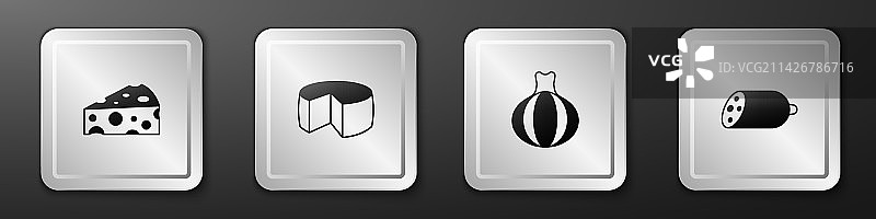 奶酪洋葱和萨拉米香肠银色图标设置图片素材