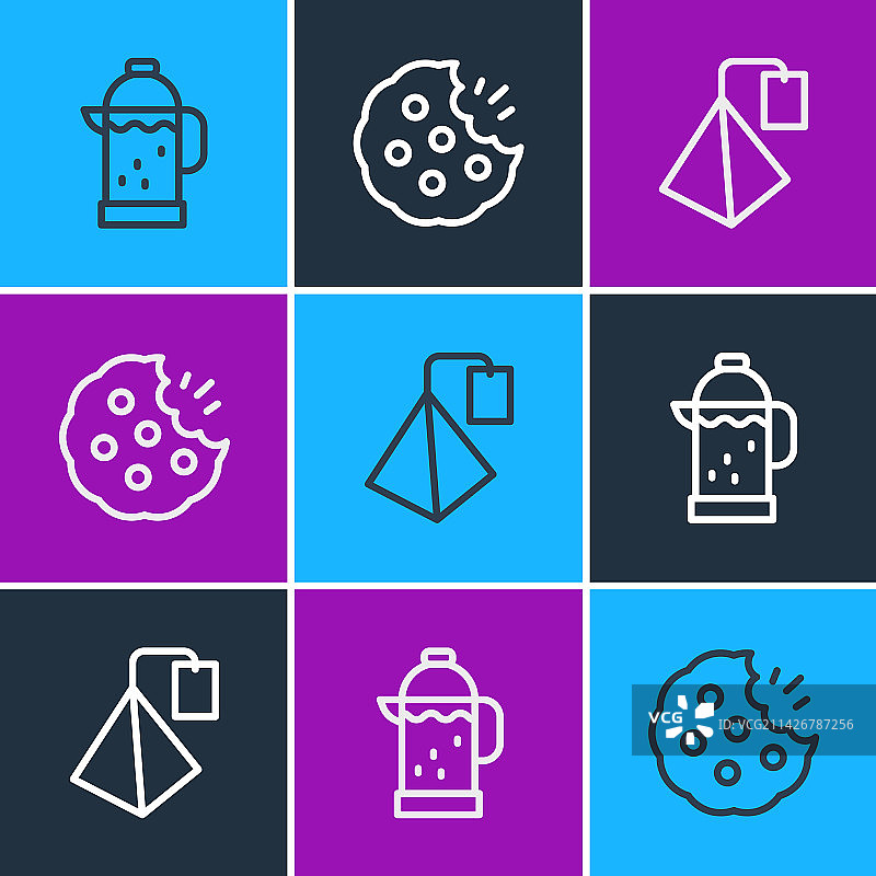 法式滤压壶、茶包和饼干图片素材