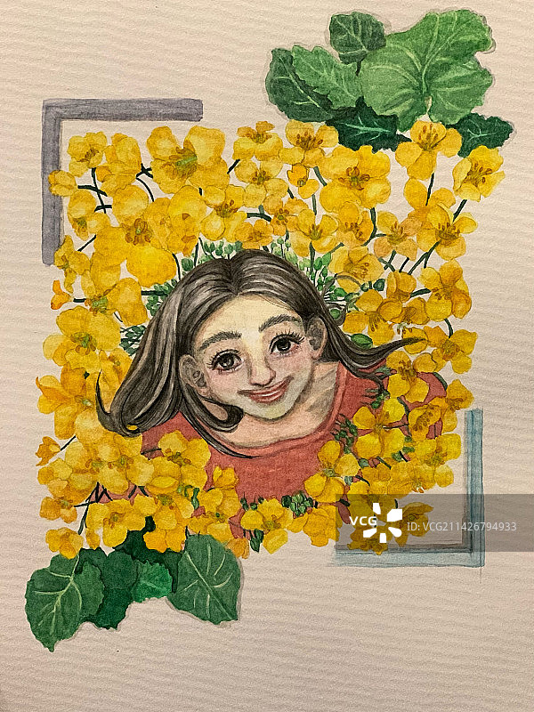 春天油菜花烂漫女孩笑 金黄色手绘小清新插画图片素材