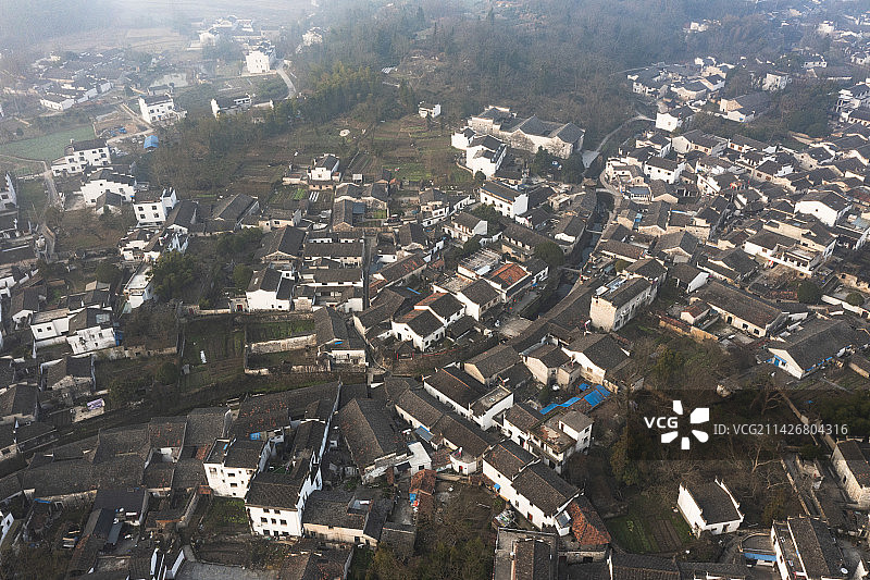 安徽查济古村晨曦云雾航拍图片素材