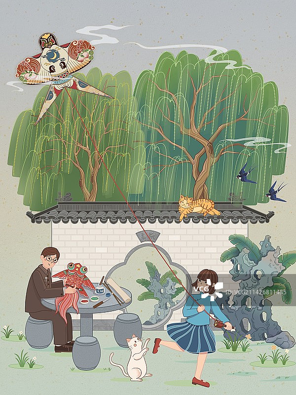 二十四节气国风线性插画之春分图片素材