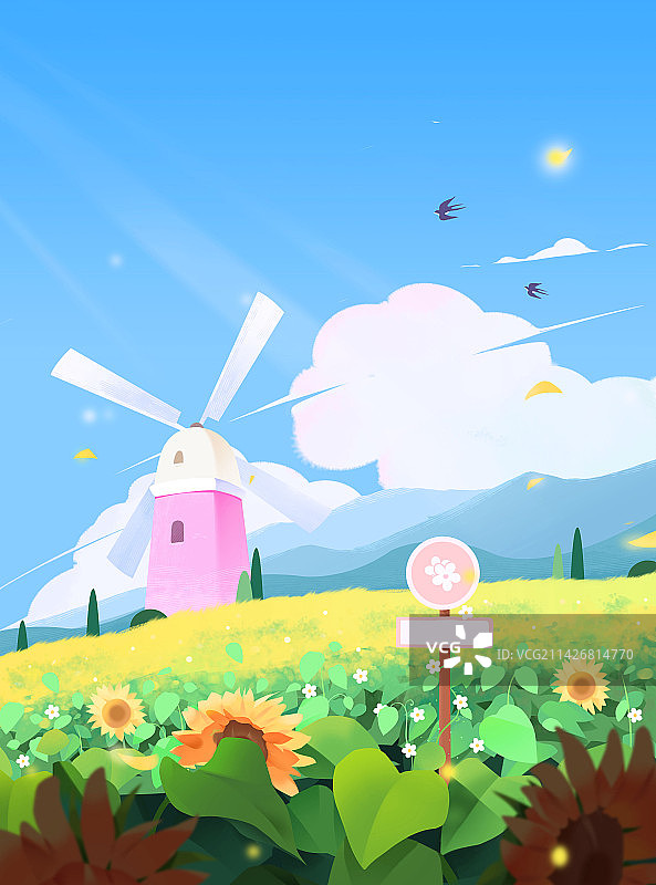 晴朗的田野手绘插画背景图片素材