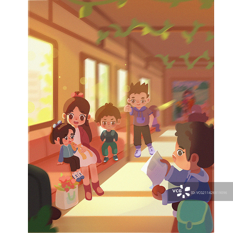 女孩和妈妈坐公交上学图片素材