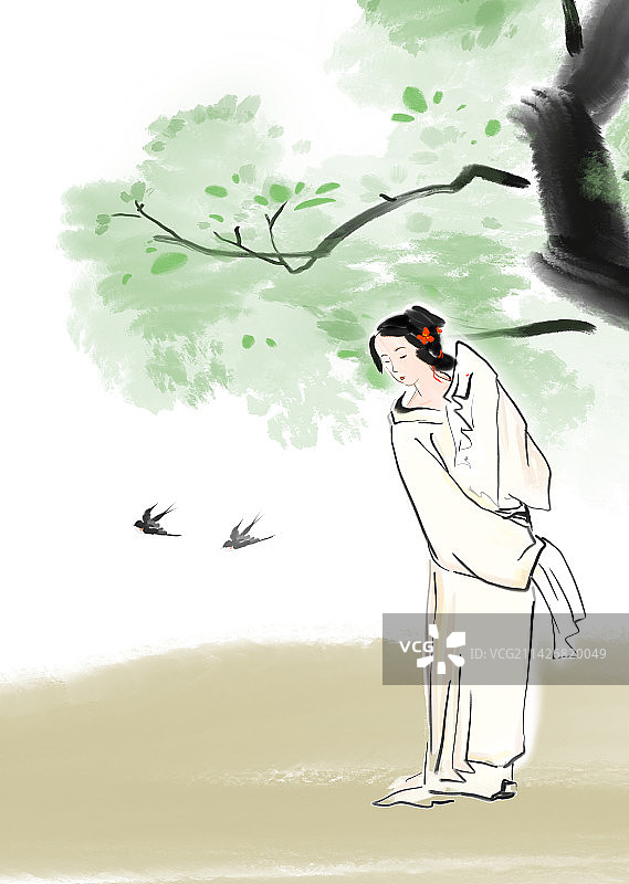 春天燕子古风女子图片素材