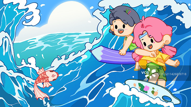 快乐的孩子们在海滩上玩耍图片素材