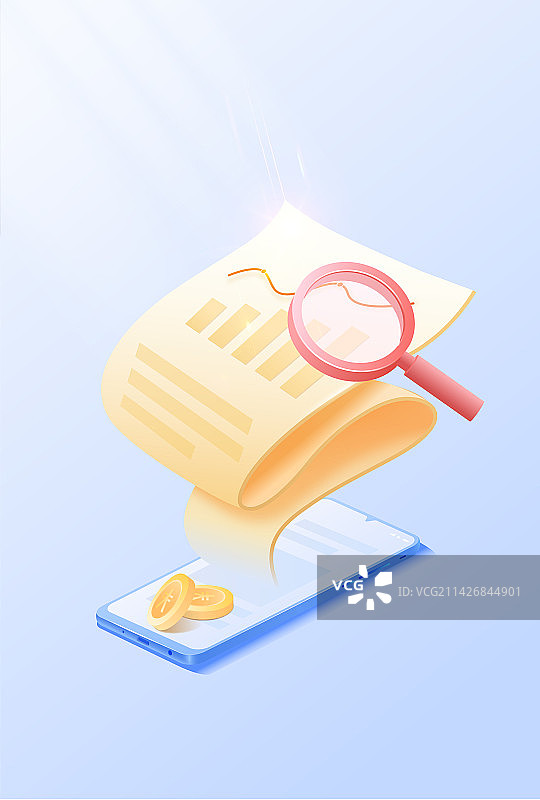手机账单业绩放大镜2.5d矢量元素银行保险金融折线图金币蓝色质感背景图片素材