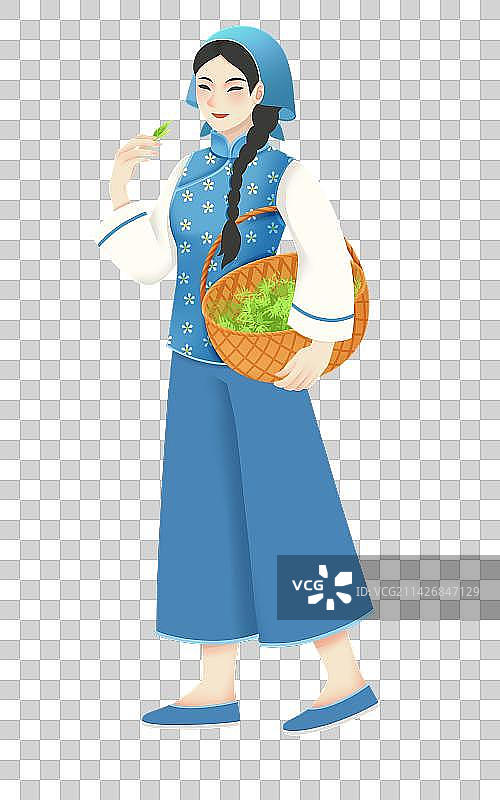 卡通采茶的女人插画图片素材