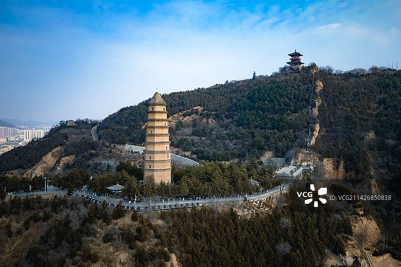 延安宝塔山航拍图片素材