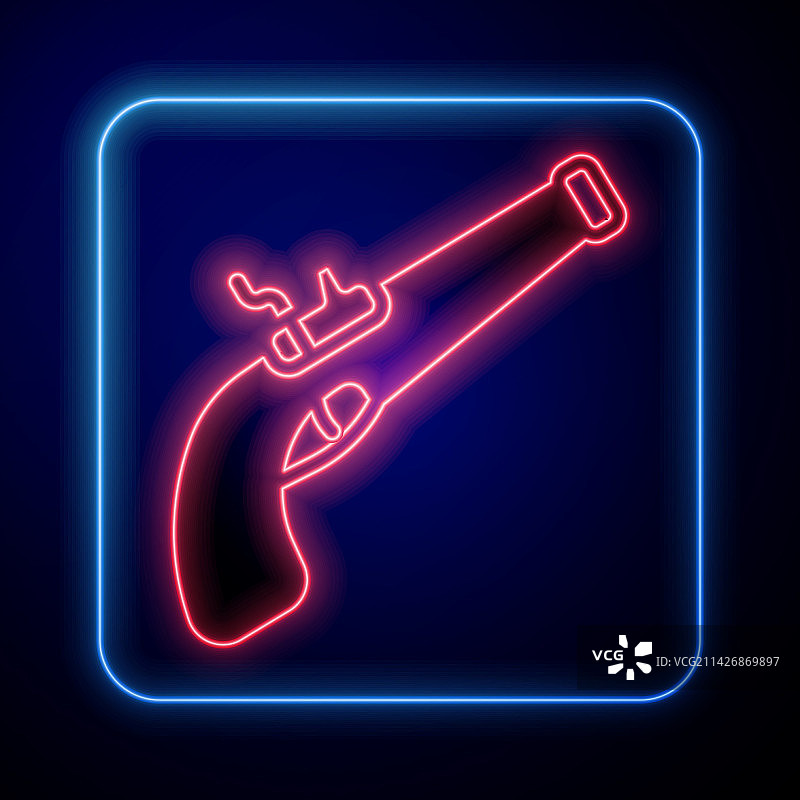 发光霓虹灯复古手枪图标，黑色背景图片素材