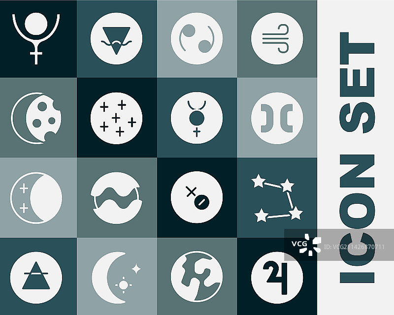 木星符号、星星、星座和黄道十二宫套装图片素材