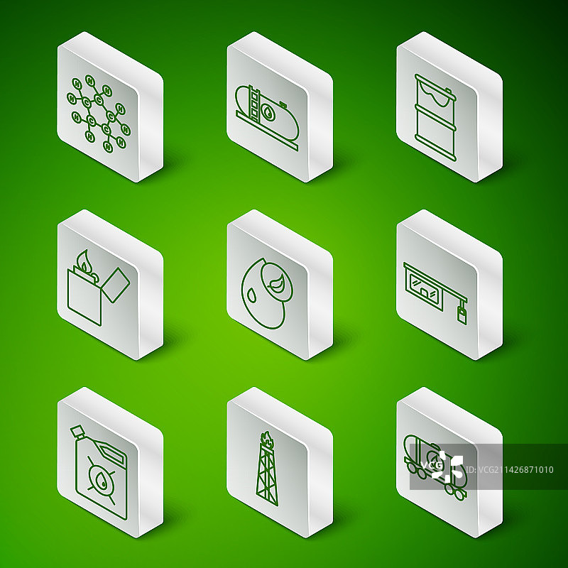 油罐铁道车厢与着火的钻井平台线条组合图片素材