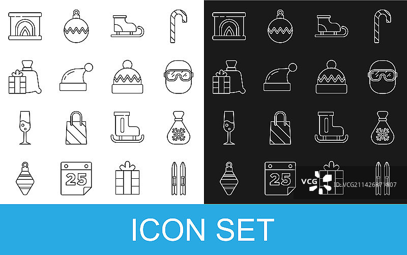 滑雪板、滑雪杖、圣诞老人礼品袋图片素材