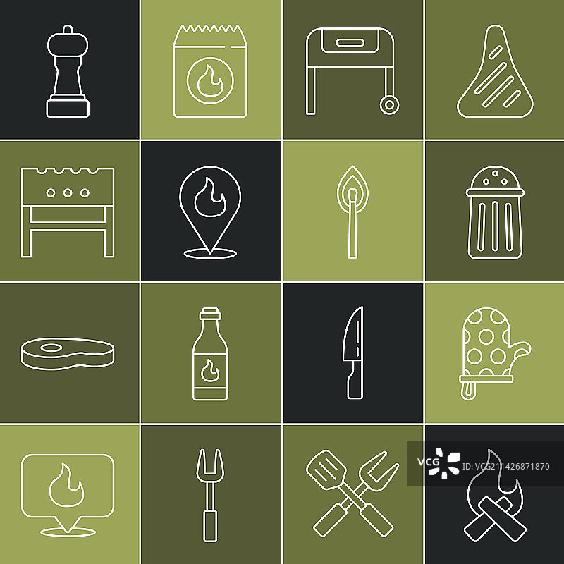 篝火、烤箱手套和烧烤调味盐图片素材