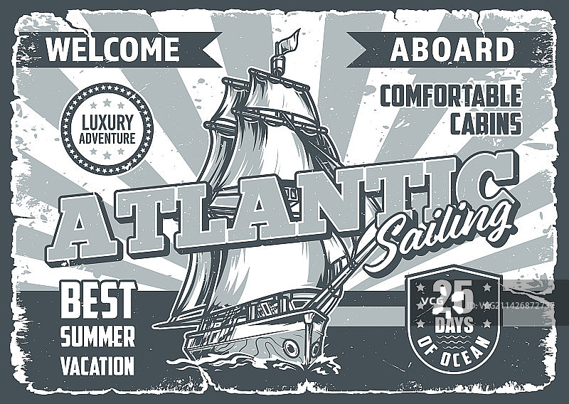 复古单色邮轮旅行宣传单图片素材