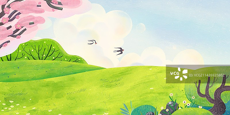 手绘春天春分节气户外草坪森林清新自然插画图片素材