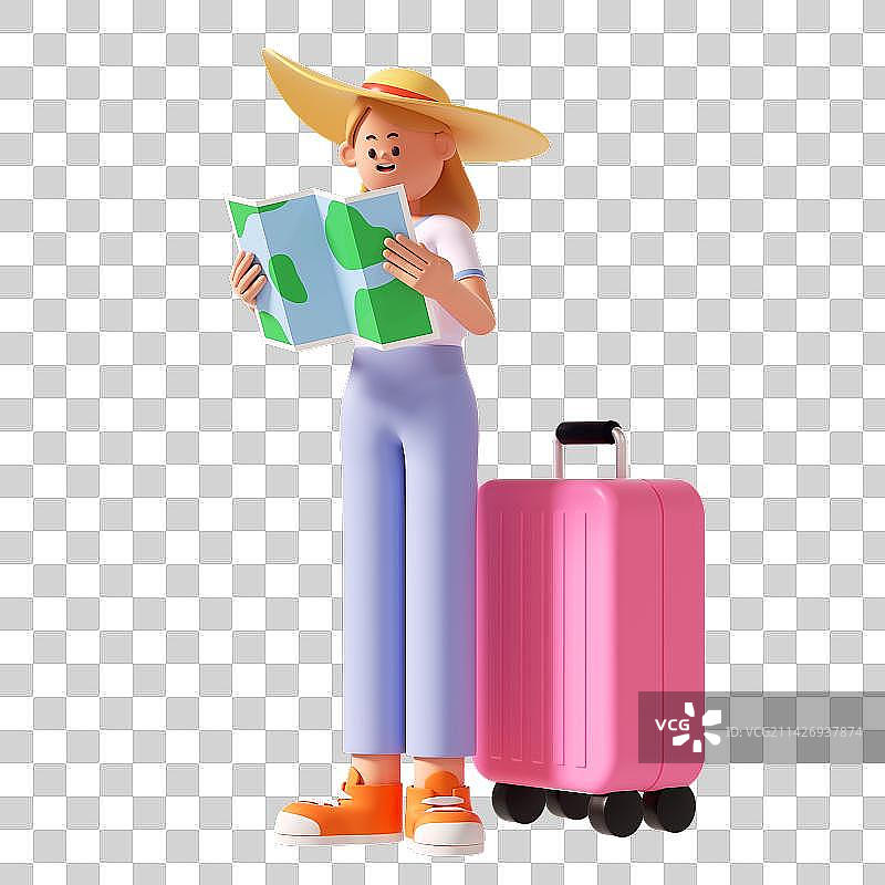 3D立体卡通女孩站在粉色行旅箱看着地图图片素材