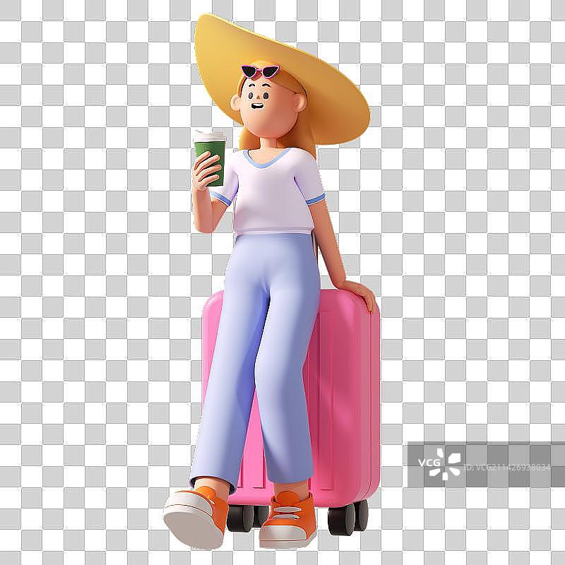 3D立体卡通女孩拿着咖啡杯坐在粉色行旅箱上图片素材