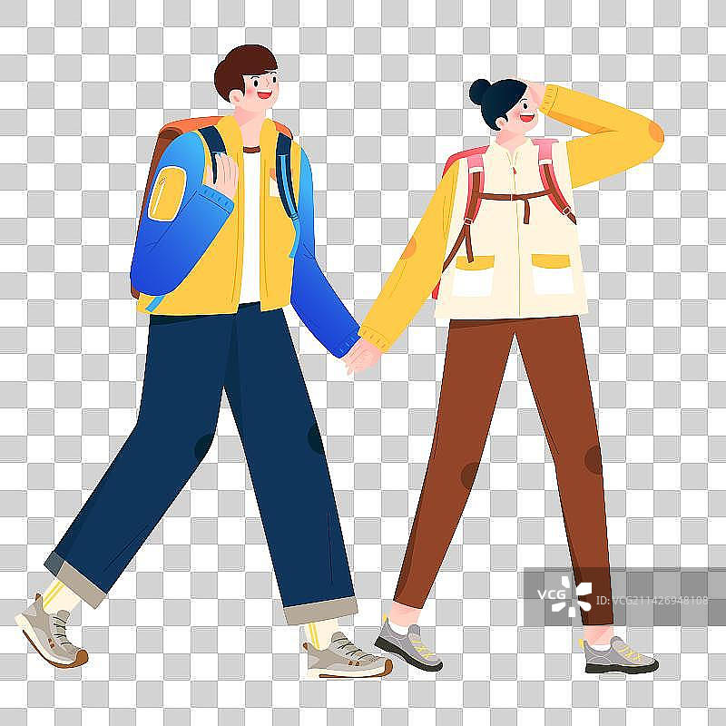 年轻的情侣牵手出游矢量人物插画元素图片素材