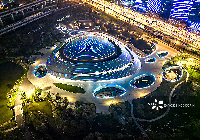 杭州电竞中心夜景航拍图片素材