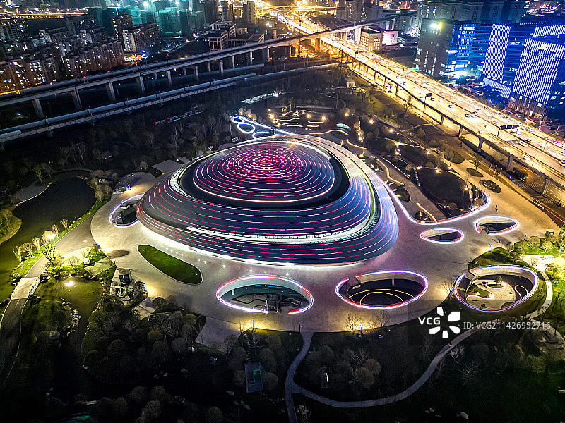 杭州电竞中心夜景航拍图片素材